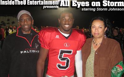 Wes Johnson (father) and Dione Johnson (mother) accompany their son Storm Johnson on Senior Night.
